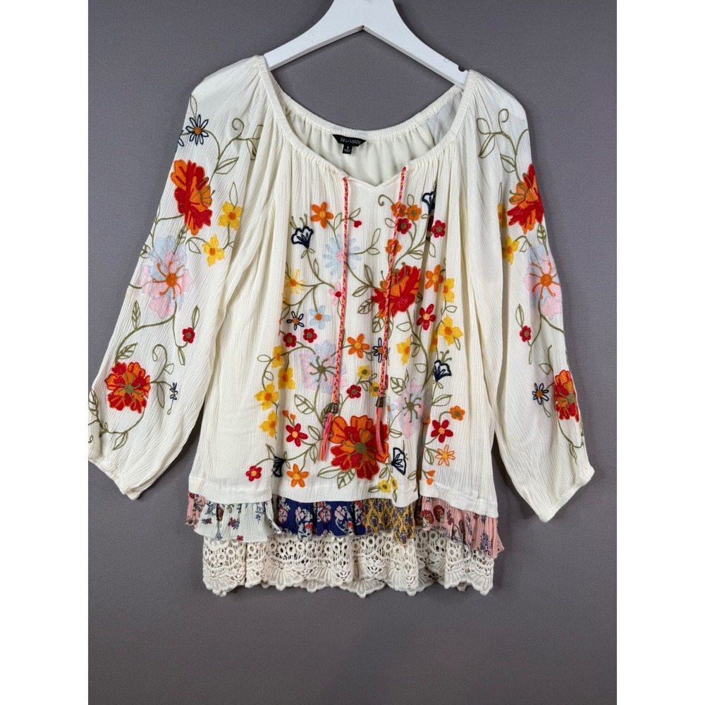 John Mark Embroidered Blouse Womens S Ivory Boho Floral Lace Tassel Peasant Top